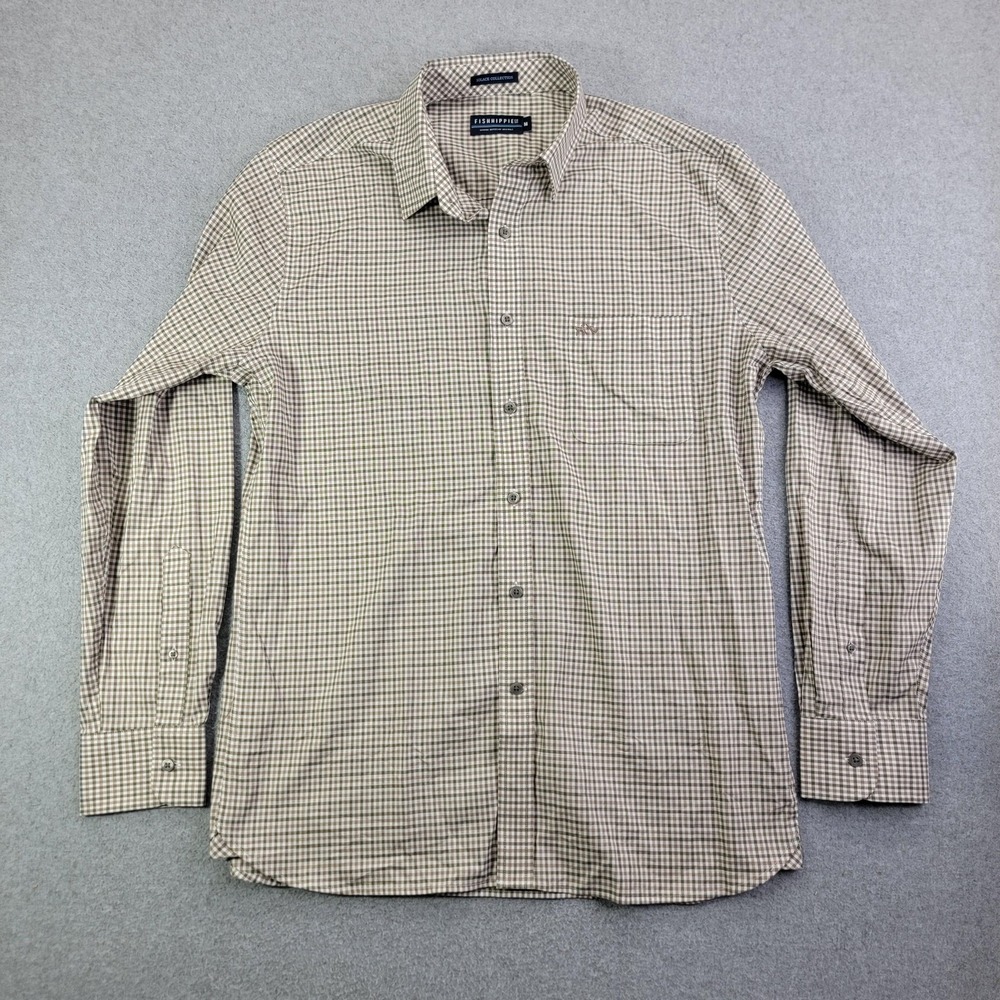 Fish Hippie Shirt Mens Medium Beige Check Long Sleeve Button Front Stretch